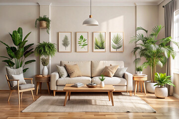 Serene Minimalist Living Room with Abundant Greenery and Natural Light