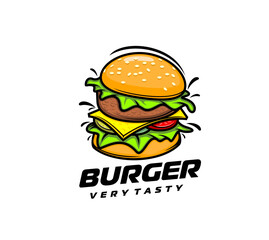 Fast food cheeseburger burger icon. Vector trendy restaurant emblem of fastfood meal featuring appetizing burger stacked with layers of lettuce, tomato, cheese and beef patty, and sesame seed bun