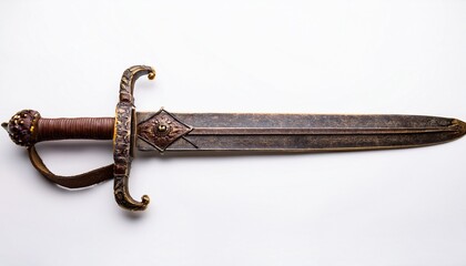 ancient sword rusty gladius isolated on white background with textured metal blade and leather wrapped handle