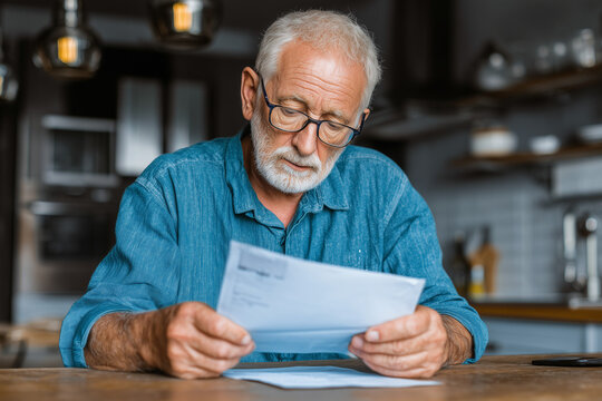 Senior man reading letter in kitchen - Powered by Adobe