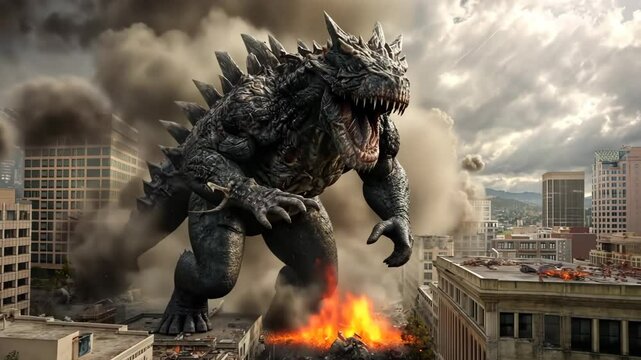 Giant monster creature destroying city buildings