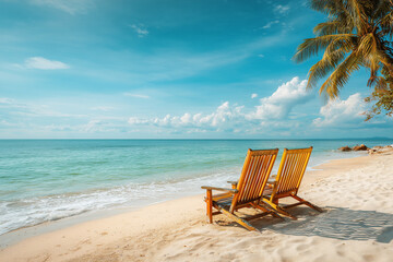 Beach chair on sand near ocean water sunny day