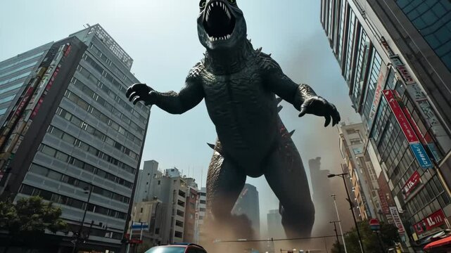 Giant monster creature destroying city buildings