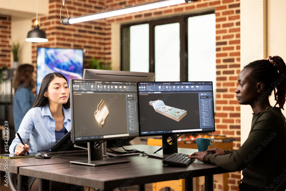 Aufkleber black female engineer seated at shared workstation, developing industrial machinery models with adva