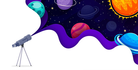 Telescope with paper cut space landscape and alien galaxy planets. Cartoon vector telescope standing on tripod projecting outer space with stars and sun and solar system planets in wavy cutout frame © Vector Tradition