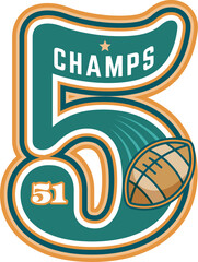 Varsity sport patch with number font and rugby ball for university team, vector emblem. Rugby football college league or varsity sport champs patch with number 5 Five for championship and player shirt