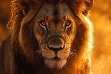 Naklejka premium A close-up portrait of a majestic male lion with a golden mane, gazing intensely into the camera with piercing amber eyes. Dust swirls around him in the golden light of sunset