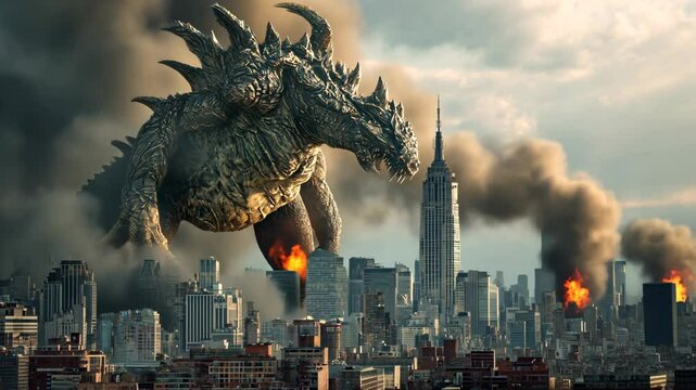Giant monster creature destroying city buildings
