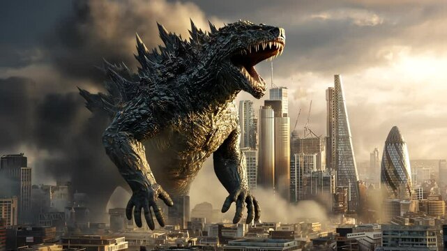 Giant monster creature destroying city buildings