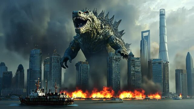Giant monster creature destroying city buildings