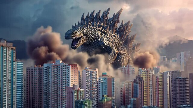 Giant monster creature destroying city buildings