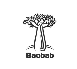 Baobab tree icon in thin line silhouette for African culture or exotic plants, vector symbol. Baobab tree emblem with trunk and leaves for eco nature, Africa safari travel and savannah garden design