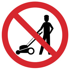 No lawn mowers allowed sign featuring silhouette of person standing with mower on white background
