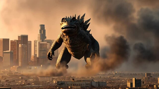 Giant monster creature destroying city buildings
