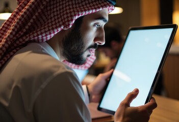 Young man wearing traditional Middle Eastern attire uses a tablet in a cozy indoor setting