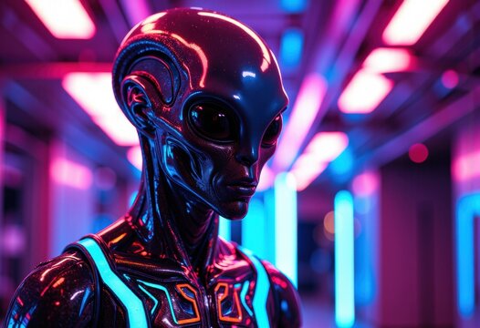 Futuristic humanoid robot with glowing neon lights in a high-tech environment