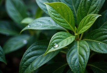 Close-up of vibrant green leaves with water droplets glistening