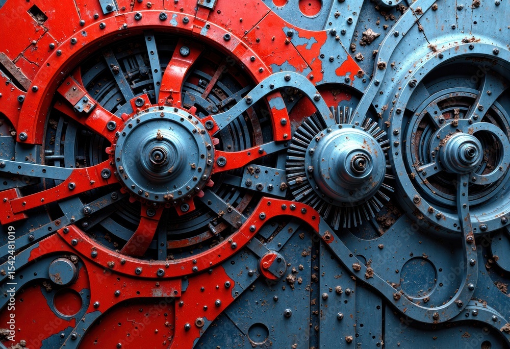 Poster close-up of interconnected blue and red gears in a mechanical system
