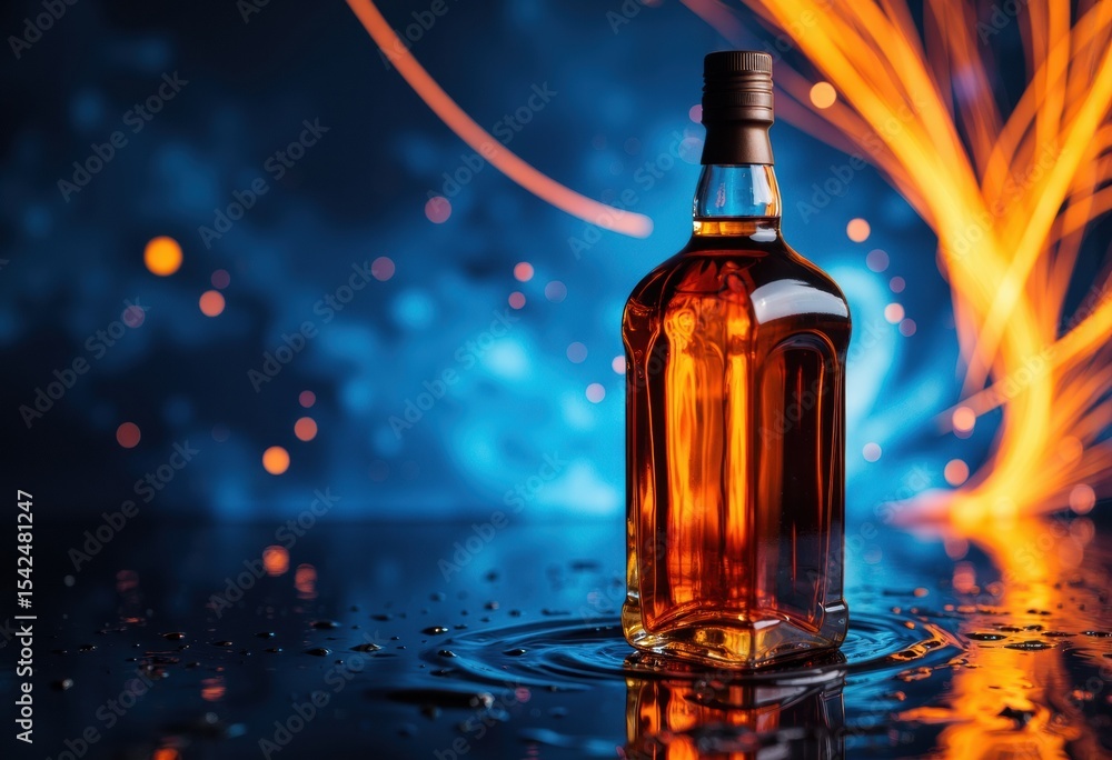 Poster a glass bottle of whiskey with fiery sparks and blue bokeh background creating a dynamic scene