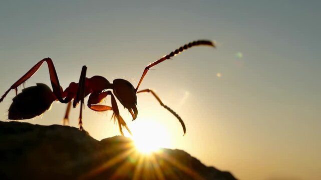 Macro Silhouette of Ant Walking on Rock Against Golden Sunset Light
