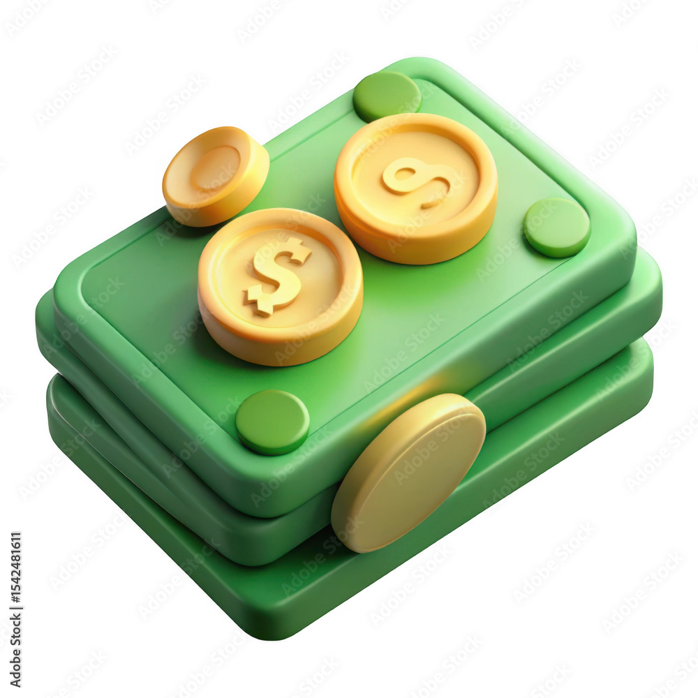 Poster 3d rendered stack of money with coins isolated on transparent background