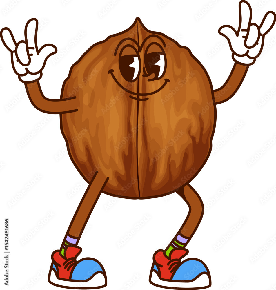 Poster cartoon groovy walnut nut and seed character strikes lively pose with cheerful smile and playful roc