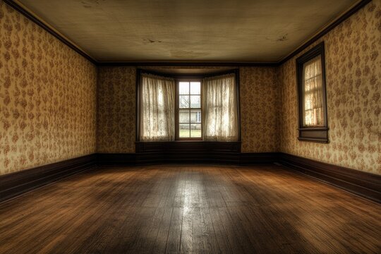 An empty, abandoned room with aged wallpaper, hardwood floors, and a bay window.  Dust motes dance in the light filtering through the sheer curtains