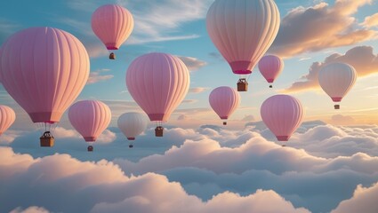 Fototapeta premium Pink hot air balloons floating above clouds during sunrise in a serene sky with soft pastel tones