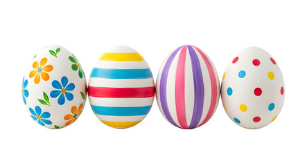 Fototapeta premium Vibrant Easter Eggs with Floral Polka Dot Stripe Designs Perfect for Spring Holiday Celebrations Decorations and Festive Greetings Cards, transparent background