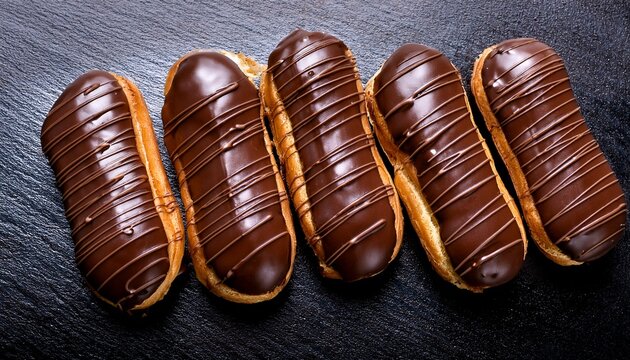 eclairs in chocolate close up top view