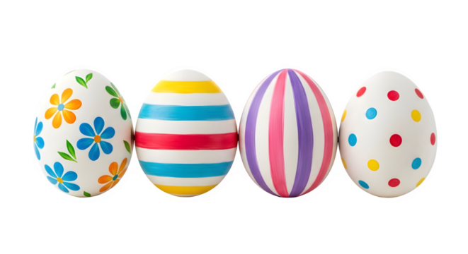 Vibrant Easter Eggs with Floral Polka Dot Stripe Designs Perfect for Spring Holiday Celebrations Decorations and Festive Greetings Cards, transparent background