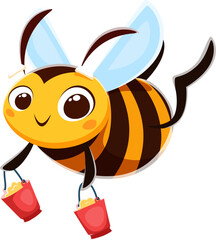 Honey bee cartoon character with funny face and buckets with honey or pollen, vector honeybee. Funny cute bee with happy face and smile carrying buckets of honey, bumblebee insect character for kids