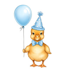 Fototapeta premium Adorable baby duckling in a party hat holds a blue balloon a perfect graphic for birthday cards invitations or children's books, transparent background