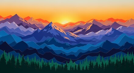 Naklejka premium Serene Mountainscape at Sunset: A Vector Illustration for Adventure and Tranquility