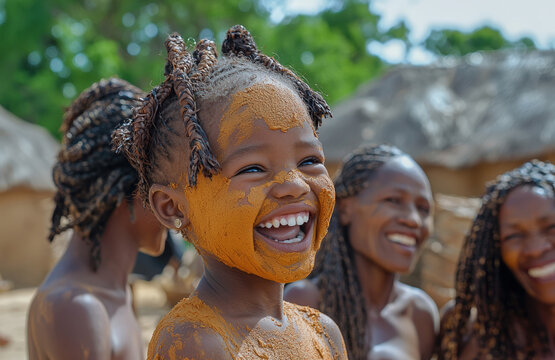 A young girl from the Himba tribe in Namibia, covered in ochre paste, laughing and playing in the village while mothers braid intricate hairstyles