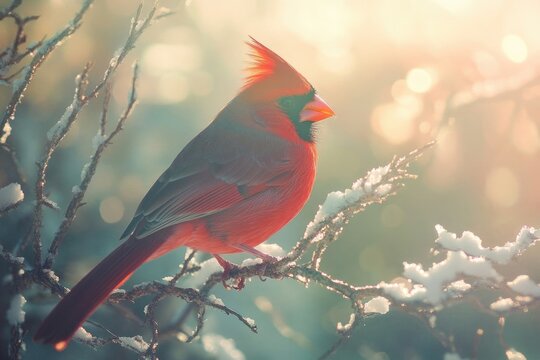 A brilliant red cardinal perched on a snow-covered branch against a soft, bokeh-lit winter backdrop. - Powered by Adobe