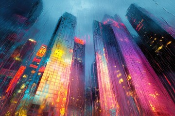 Naklejka premium Raindrops streak across the glass obscuring skyscrapers, city lights reflecting with blurred vibrant color against a twilight backdrop.