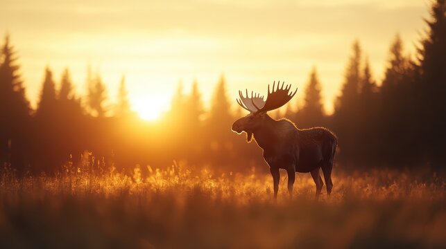 A majestic moose stands silhouetted against a stunning sunset backdrop, symbolizing wildlife and nature's beauty in serene landscapes.