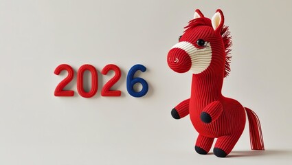 New Year 2026, horse symbol of the year, funny red toy dancing horse and numbers 2026, fire horse, card, banner