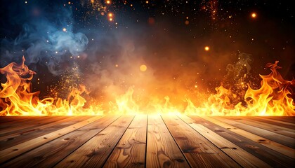 A dynamic interplay of fiery flames and ethereal smoke rises from a rustic wooden floor backdrop.