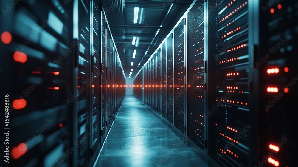 Poster a long corridor filled with server racks and glowing red lights in a data center environment view