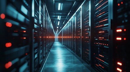 A long corridor filled with server racks and glowing red lights in a data center environment view