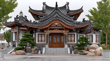 Fototapeta premium Ornate asian palace entrance with bonsai and stone sculptures high resolution photo