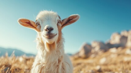 Fototapeta premium This delightful image of a smiling goat basking in sunlight captures the essence of joy and playfulness found in nature, highlighting the beauty of animal life in a serene setting.
