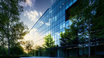 Exemplifying the ESG - Environmental, Social, Governance concept, a corporate glass building facade reflects green trees. Importance of integrating sustainability into business practice. Generative AI