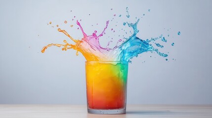 A dynamic image of colorful liquids splashing in a clear glass, depicting energy, vibrancy, and creativity, enhancing the visual appeal through motion and color.