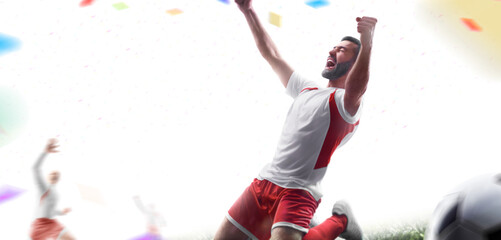 Football winner. Soccer isolated. Professional football player celebrates victory at an open stadium. Sports emotions. Confetti