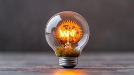 An artistic depiction of a light bulb filled with mechanical gears and vibrant green moss, representing creativity and the fusion of nature with technology.