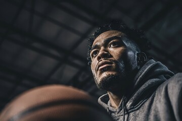 Young male basketball player practicing intensely with a ball, sweating profusely and gazing upward, surrounded by the shadows of a dimly lit gym, embodying determination and focus