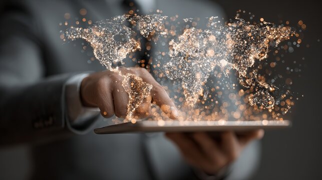 A man in a suit holding a tablet with a digital world map overlayed on top of it in a dark setting